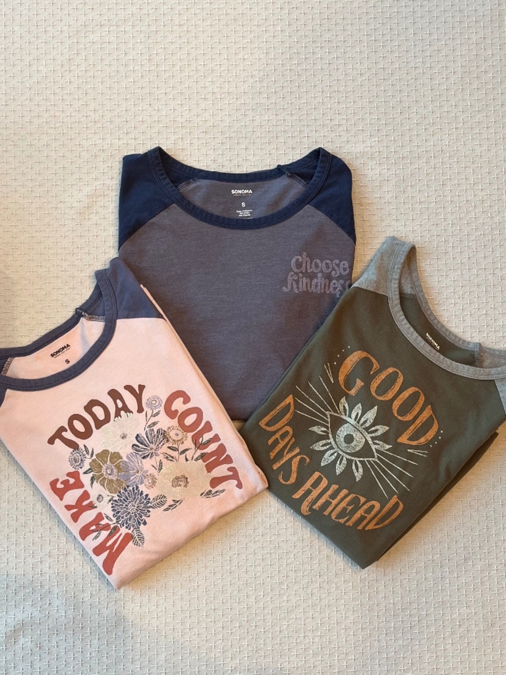 Sonoma LOT OF 3 Baseball Style 3/4 Sleeve Graohic Women’s t-shirts, Size S